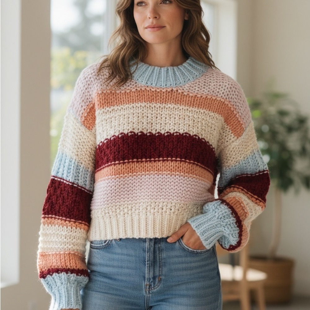 Striped Multicolor Chunky Knit Sweater - Women's Cozy Pullover